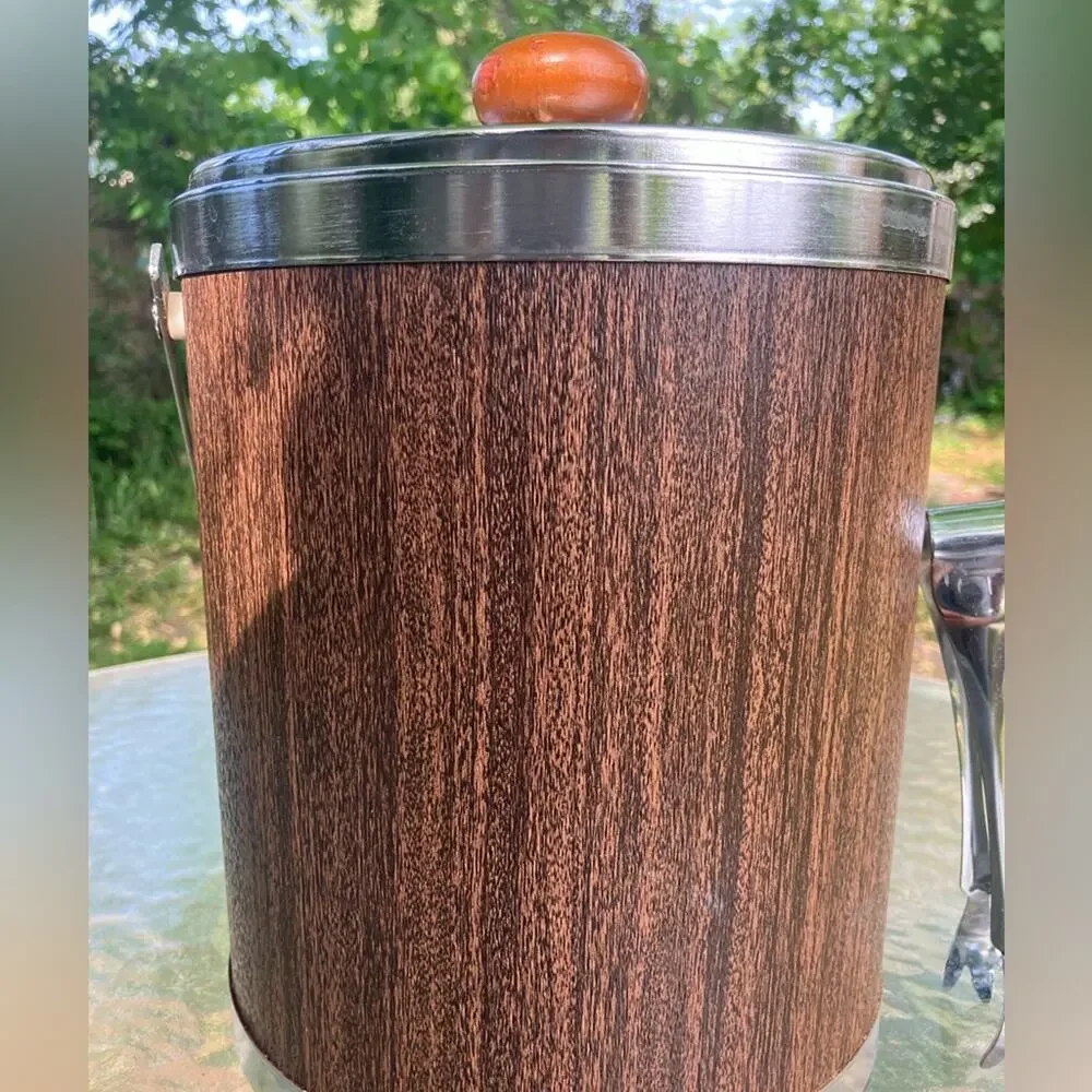 Vintage Retro Kromex Ice Bucket Faux Wood Grain & Chrome Mid Century Modern USA